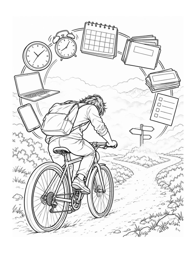 Illustration à colorier : la tête dans le guidon, un homme à vélo entouré de ses obligations