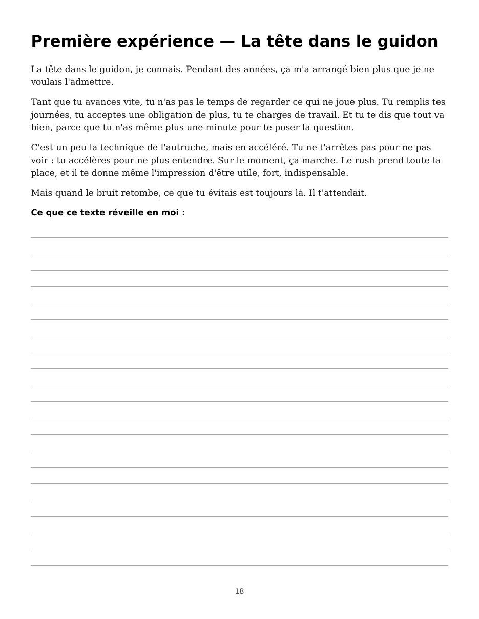 Page d'écriture guidée du cahier : première expérience, la tête dans le guidon